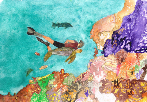SCUBA DIVER AND FRIENDS - PAINTING