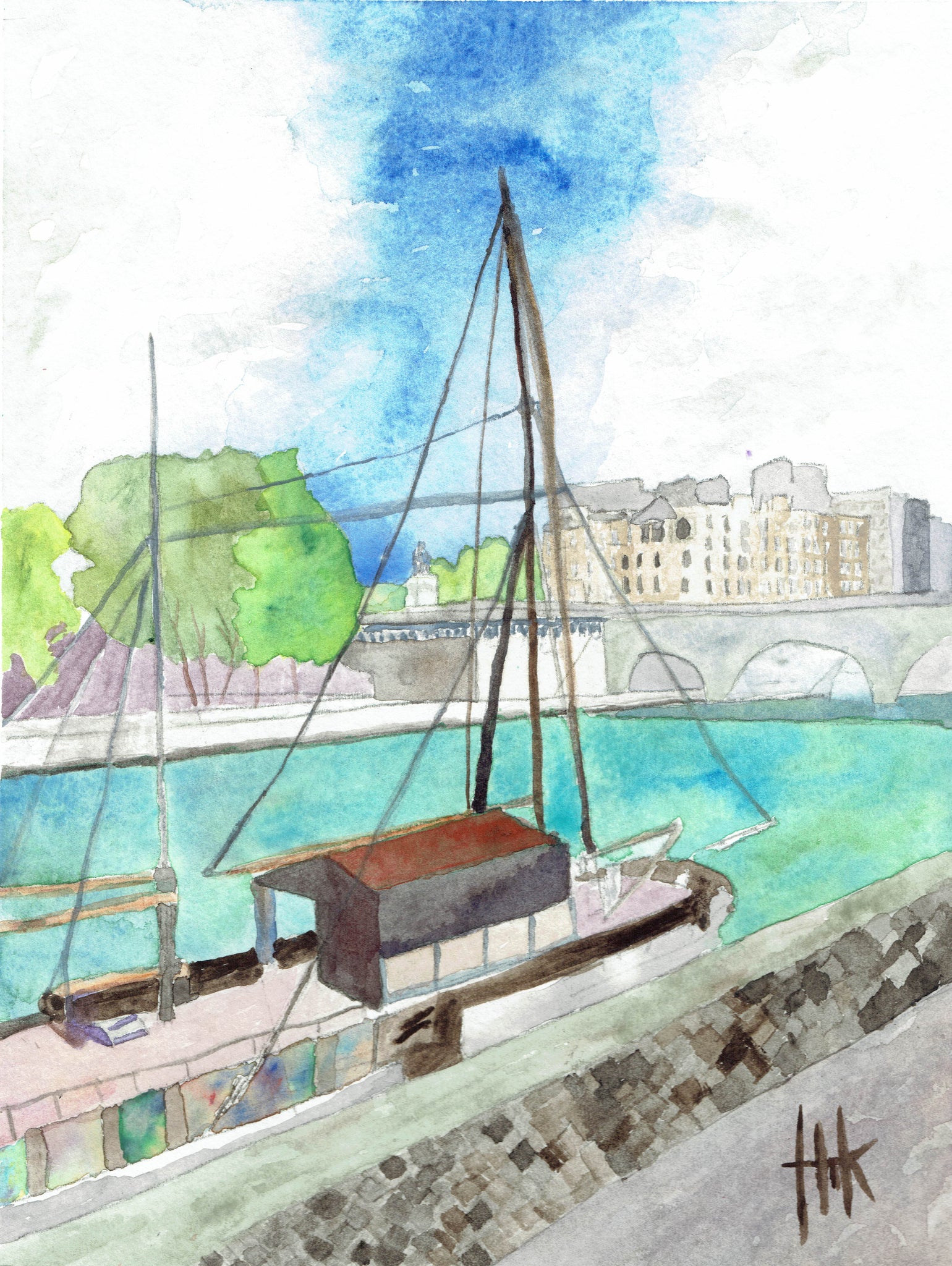 HOUSEBOAT ON THE SEINE RIVER - PRINT